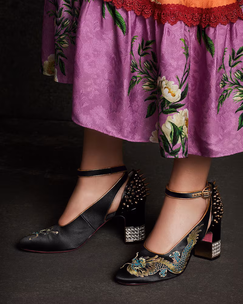 Gucci Embroidered Satin Ankle-Wrap Pump