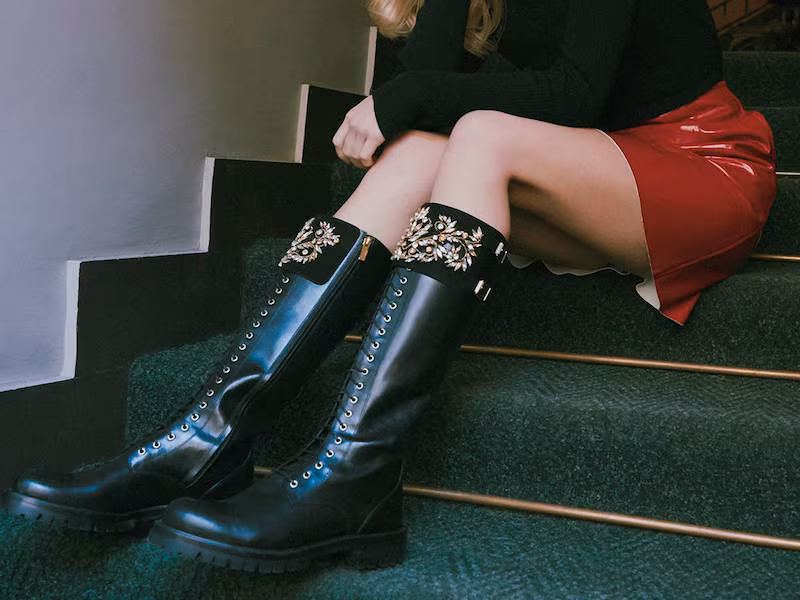 LVR Editions x René Caovilla Black Leather Biker Boots with Golden Shadow Swarovski Crystals