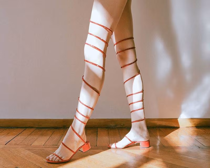 LVR Editions x René Caovilla Snake Sandals with Swarovski Crystals and Satin Ribbon