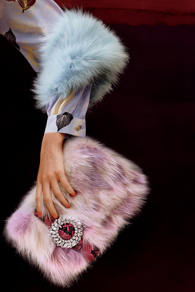 Miu Miu Jeweled Fox Fur & Python Clutch Bag