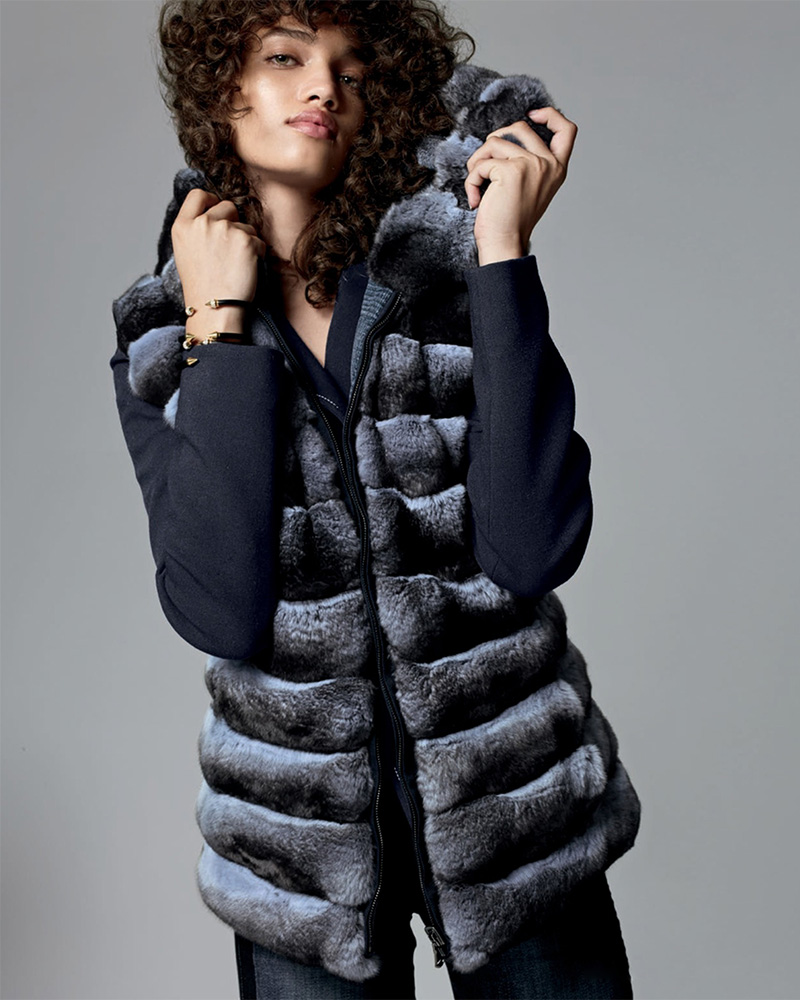 Norman Ambrose Dove Blue Dyed Chinchilla Hooded Vest