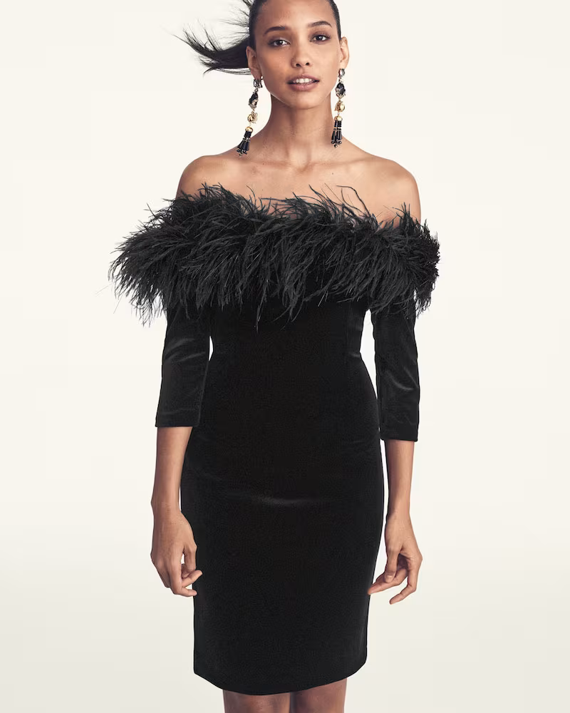 Rickie Freeman for Teri Jon 3/4-Sleeve Feather-Trim Off-the-Shoulder Velvet Cocktail Dress