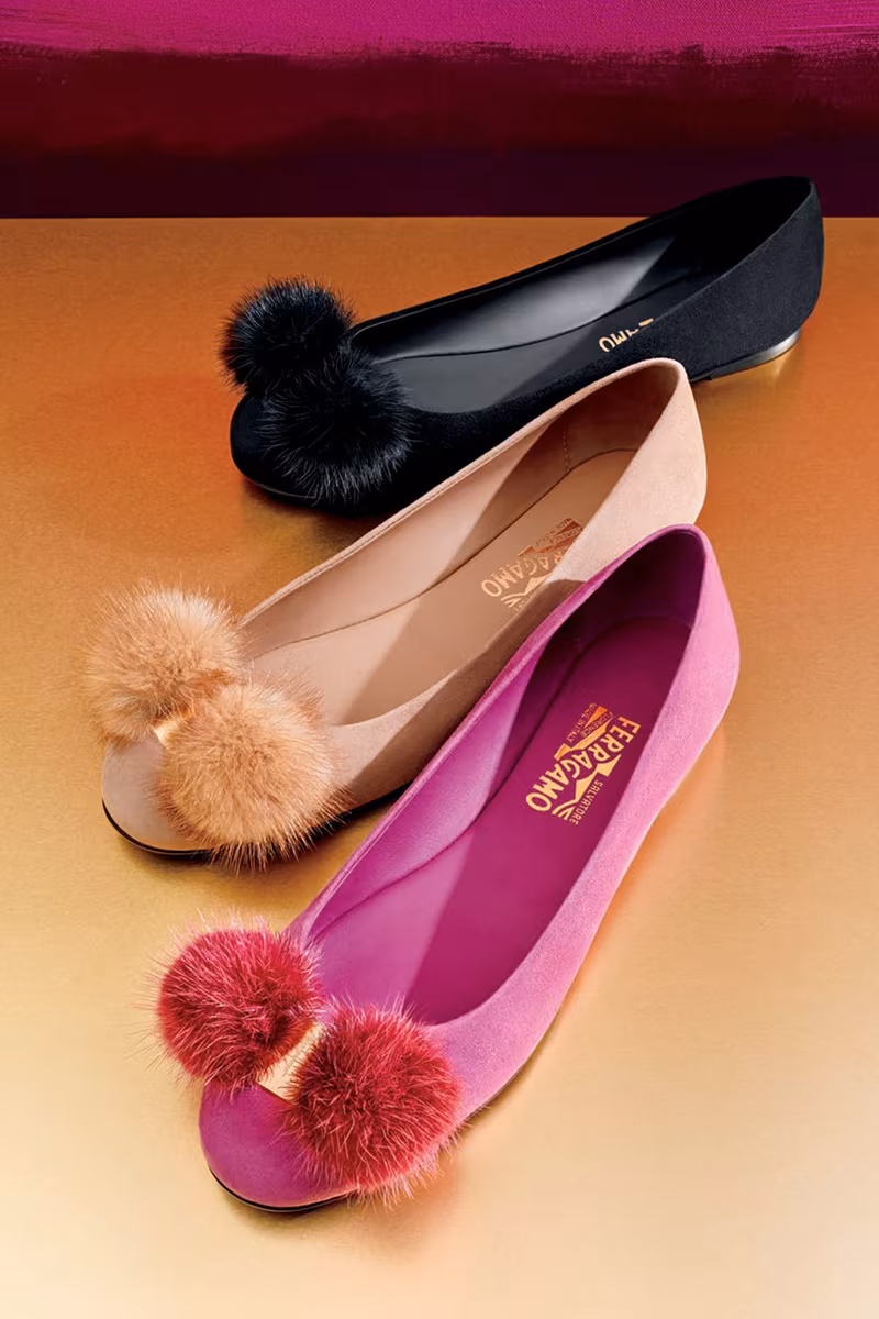 Salvatore Ferragamo Fur-Bow Suede Ballerina Flat