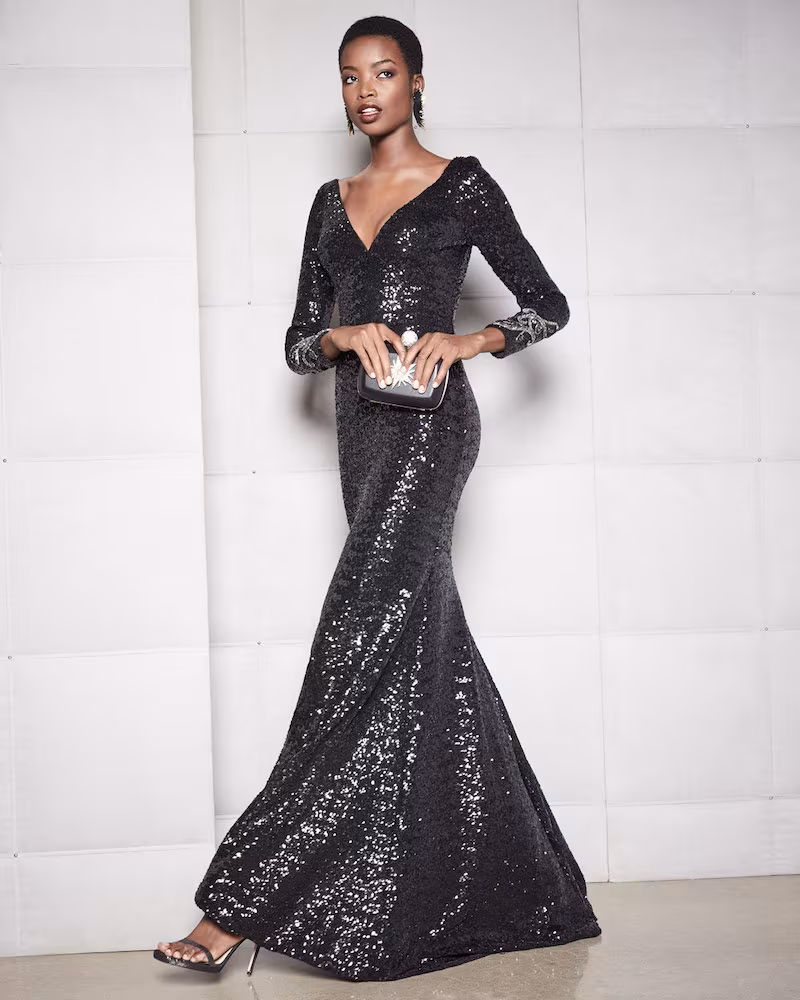 Theia Long-Sleeve V-Neck Sequined Mermaid Gown