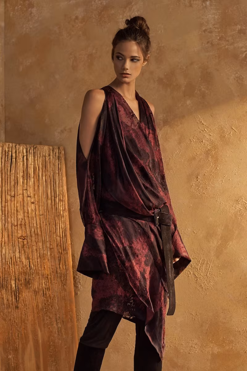 Urban Zen Devore Velvet Cold-Shoulder Draped Midi Dress