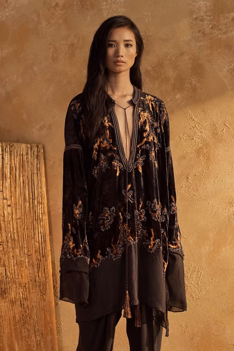 Urban Zen Embroidered Velvet Tassel-Tie Tunic