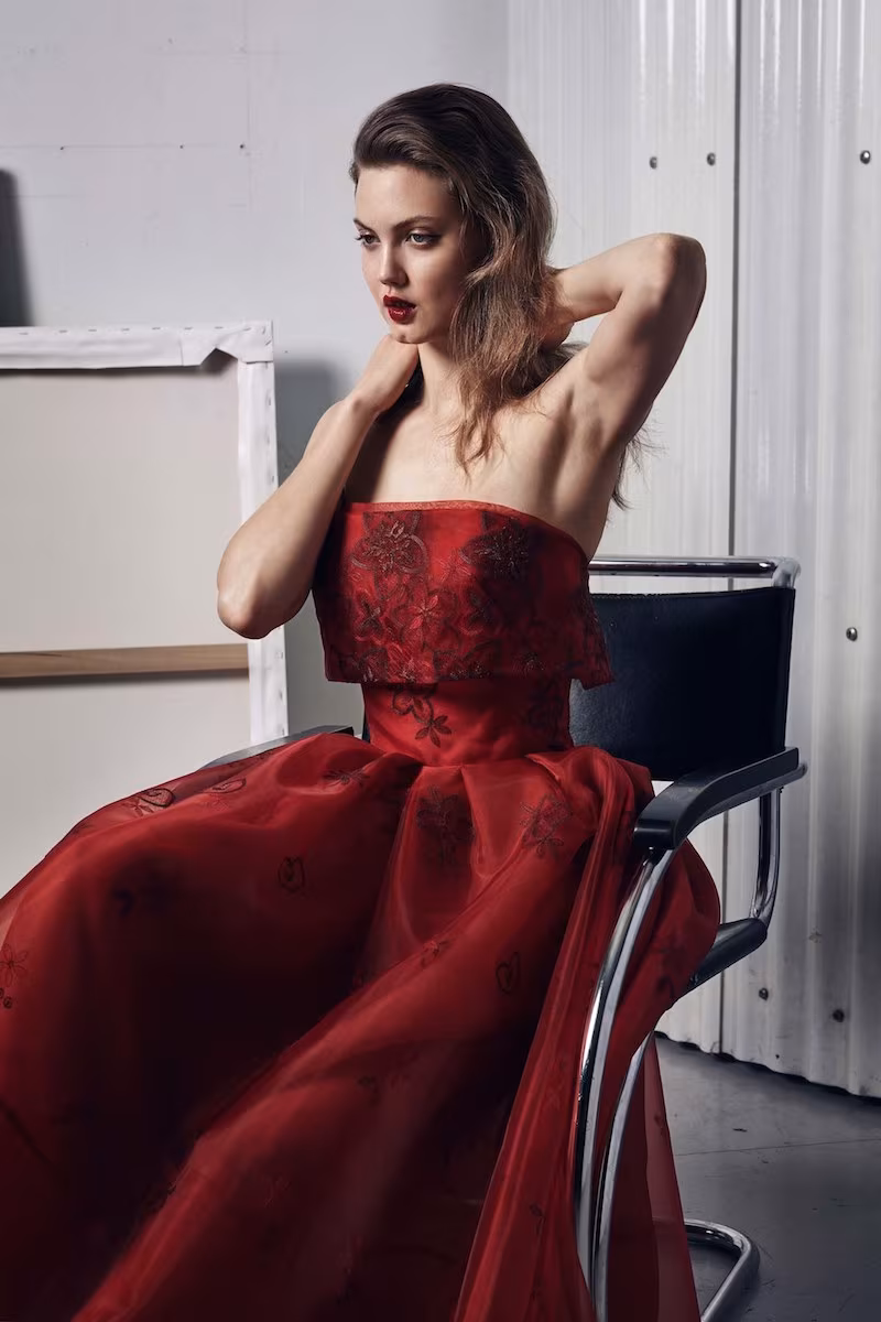 Zac Posen Strapless Floral Popover Midi Gown