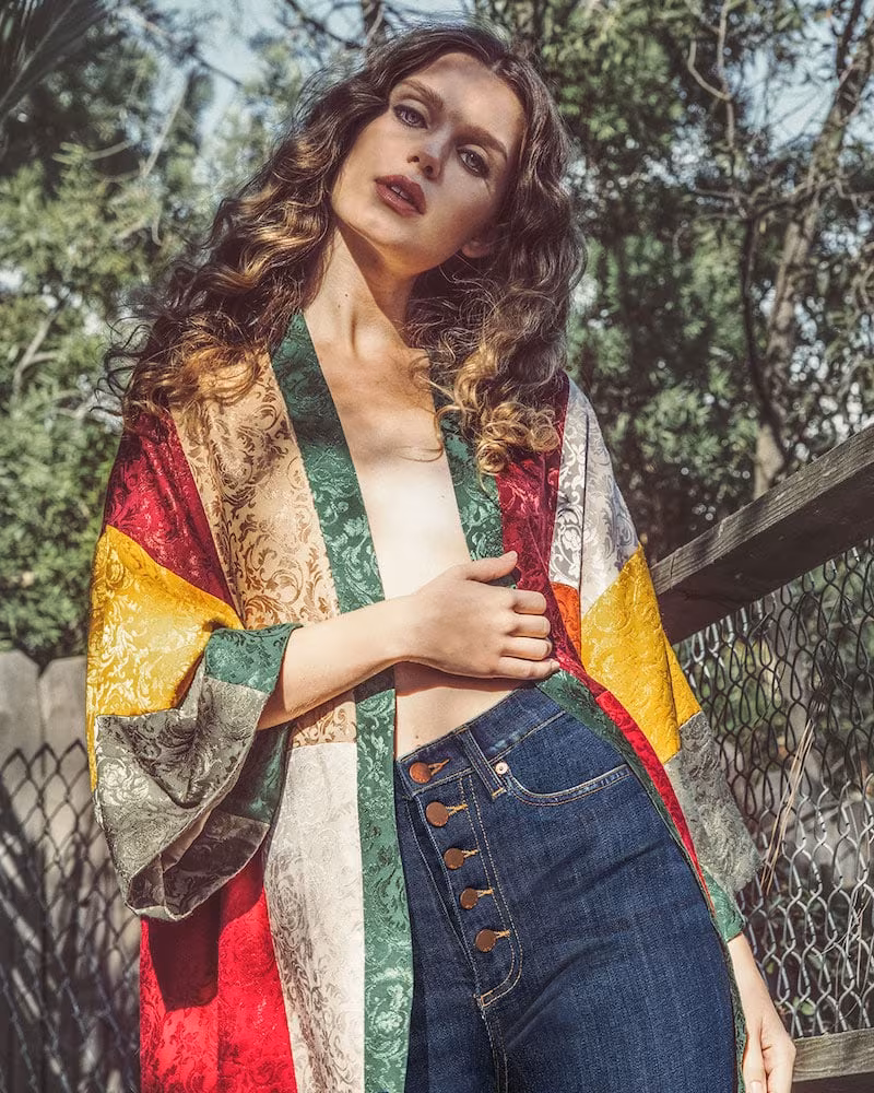 AO.LA Lupe Long Patchwork Jacquard Kimono