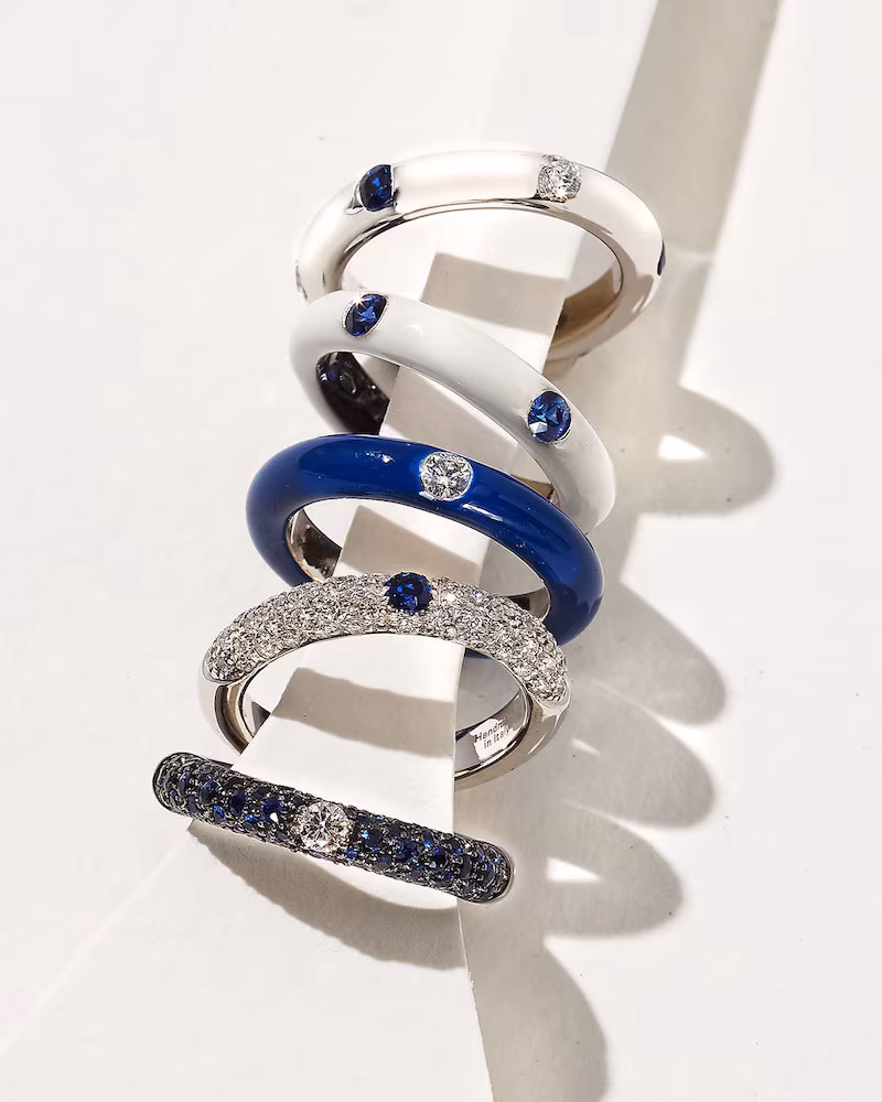 Adolfo Courrier 18K White Gold Band Ring with Inset Diamonds & Sapphire
