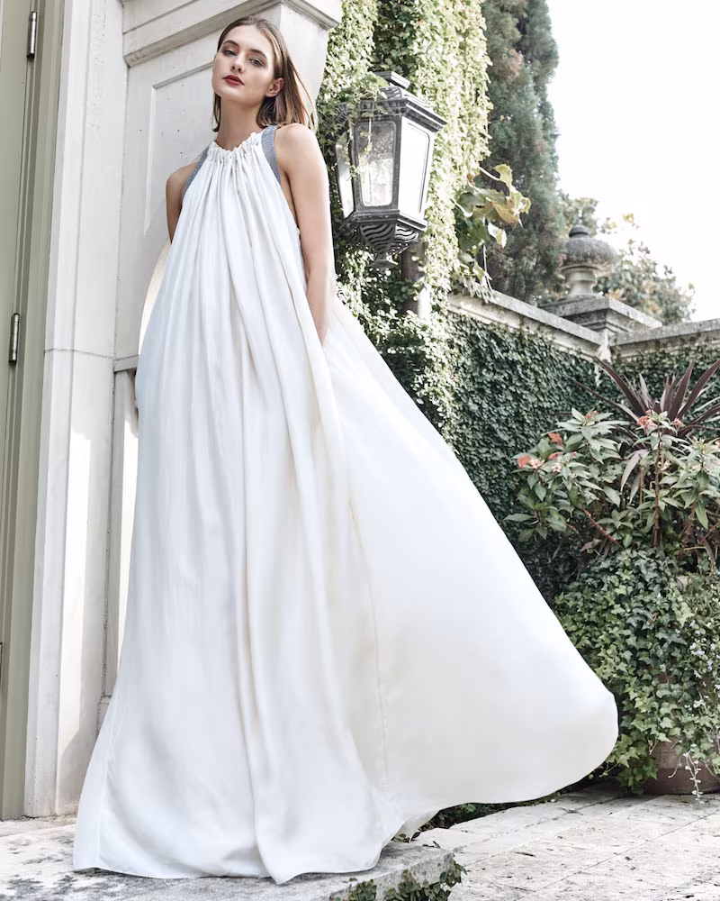 Brunello Cucinelli Crinkled Silk Sleeveless Gown with Monili Back Detail