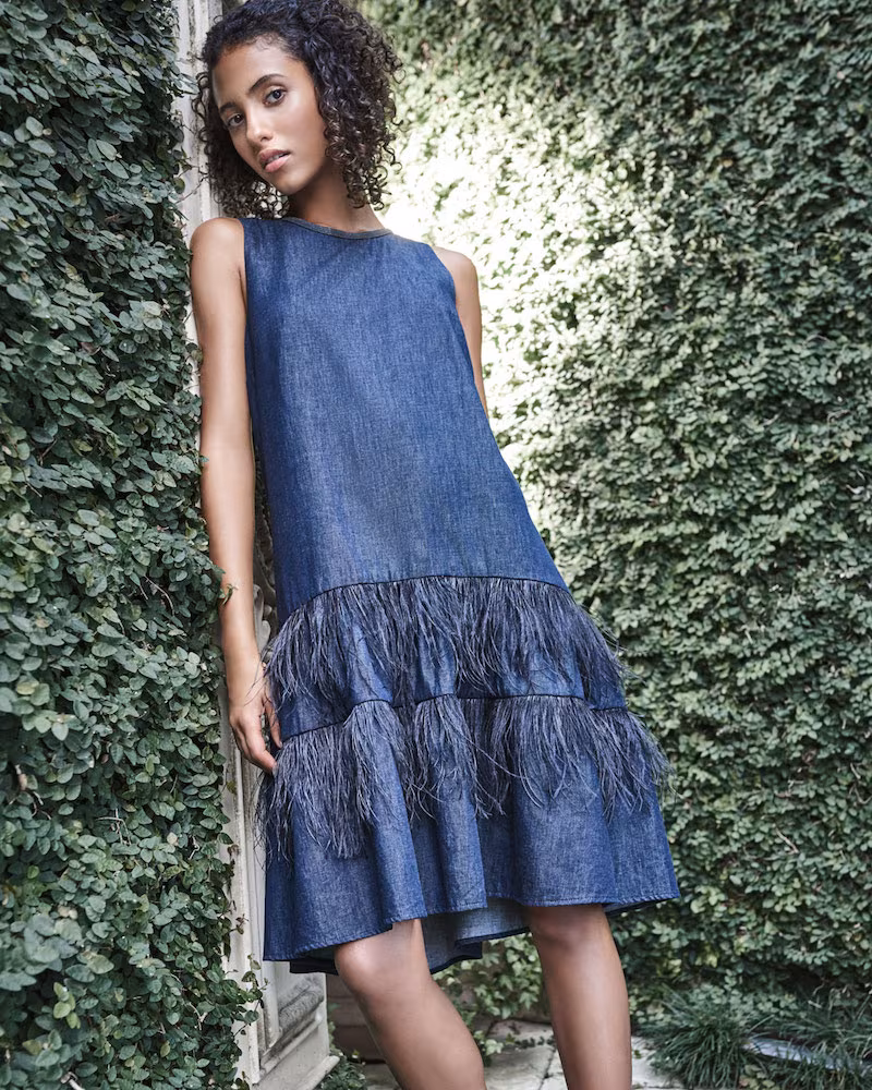 Brunello Cucinelli Sleeveless A-Line Denim Dress with Ostrich Feathers