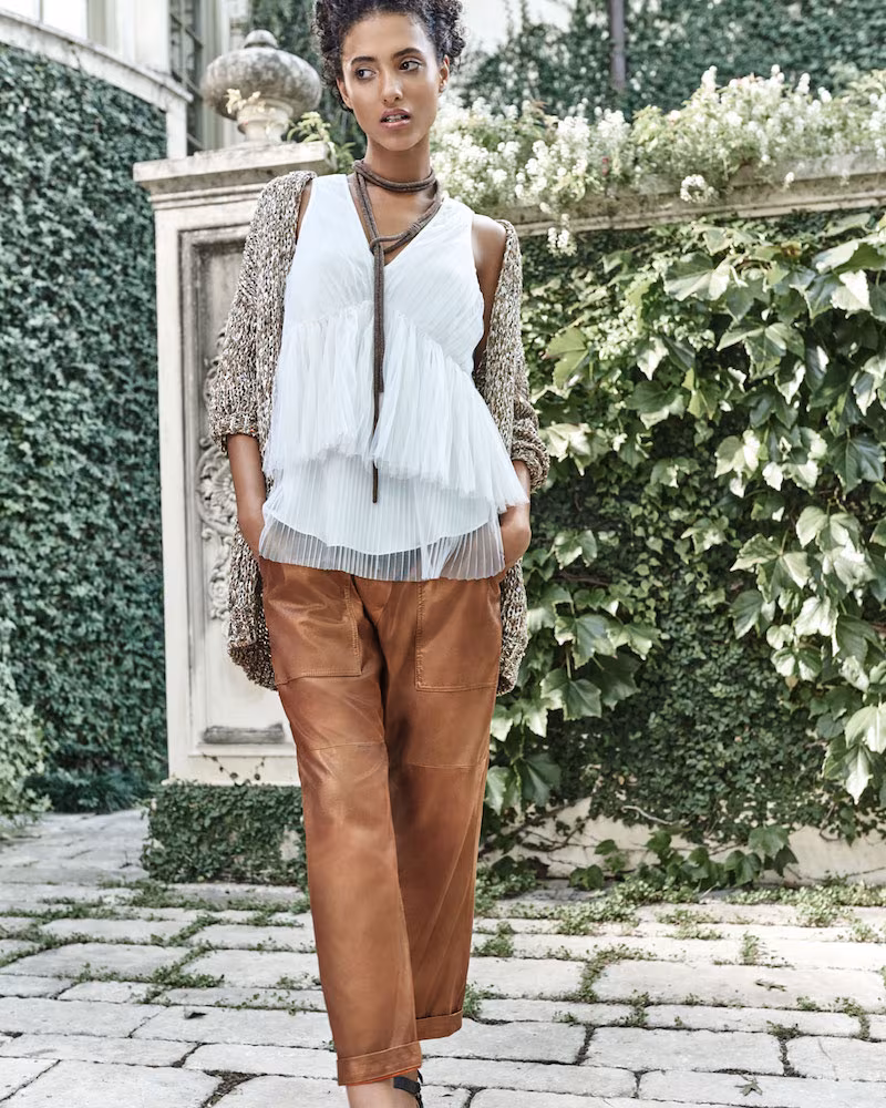 Brunello Cucinelli Tulle Pleated Sleeveless V-Neck Top