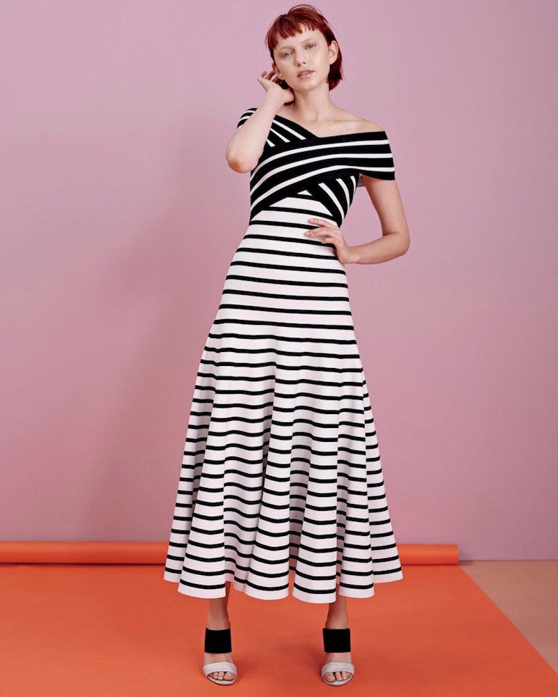 Carolina Herrera Off-the-Shoulder Fit-and-Flare Striped Tea-Length Knit Dress