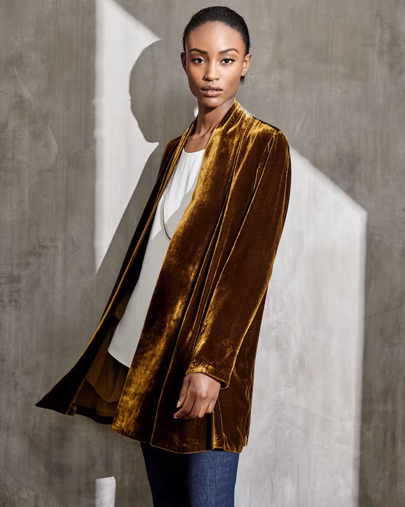 Eileen Fisher Velvet Long Shawl-Collar Jacket