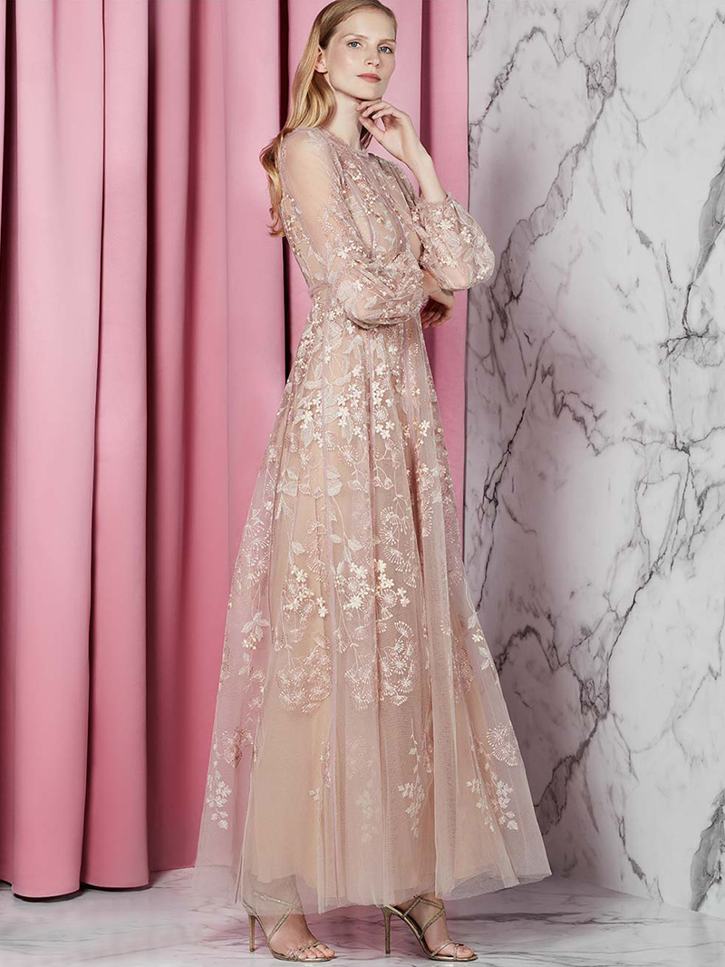 J. Mendel Bishop-Sleeve Floral Lace Gown