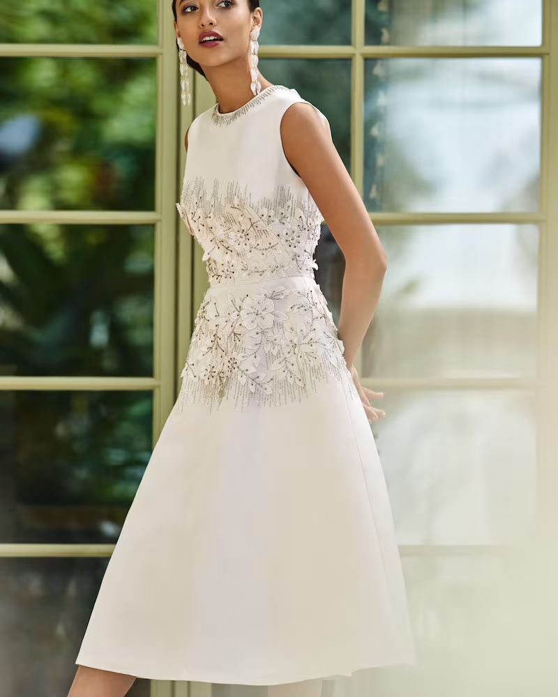 Lela Rose Embroidered Jewel-Neck Dress