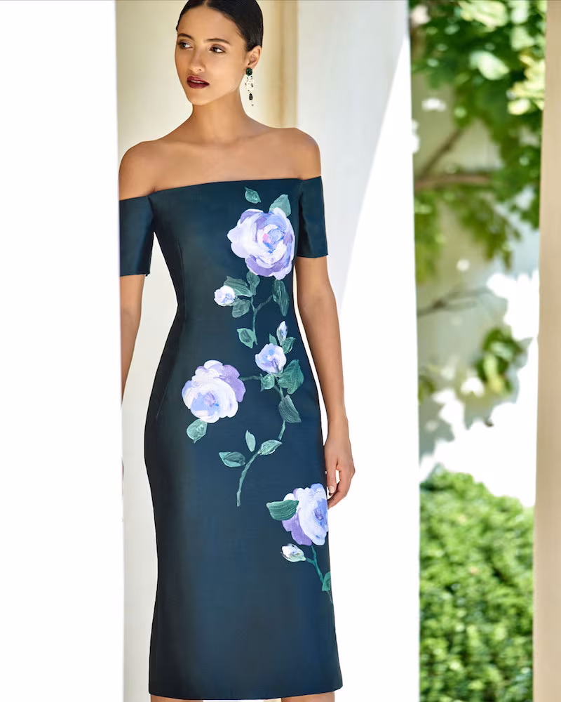Lela Rose Floral Off-Shoulder Dress