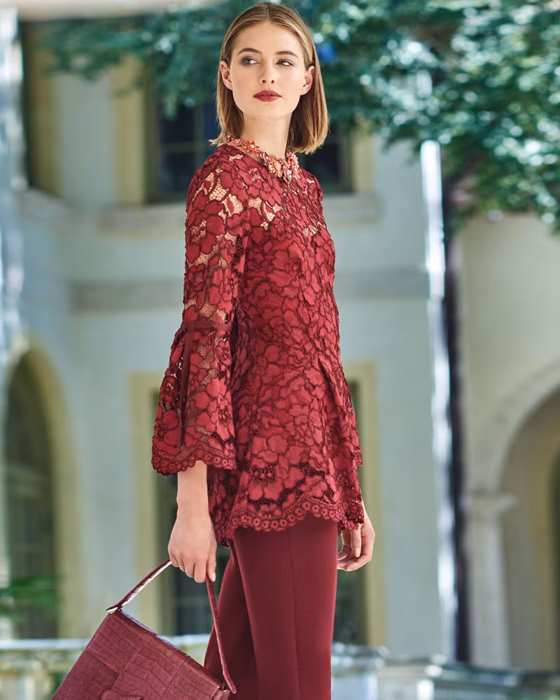 Lela Rose Full-Sleeve Guipure Lace Top
