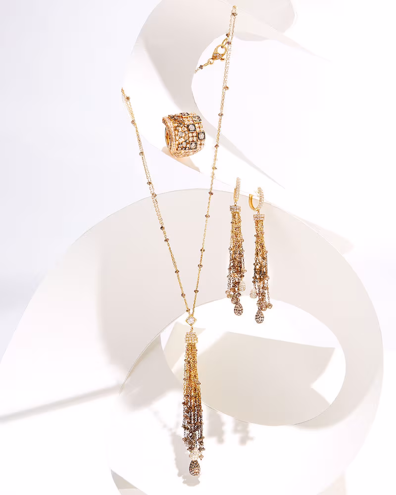 Mariani 18K Gold Tassel Necklace with Brown & White Diamonds 