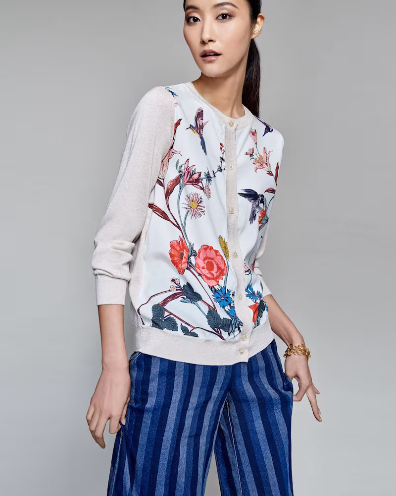 Neiman Marcus Cashmere Collection Floral-Print Silk-Panel Cardigan