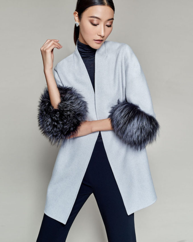 Neiman Marcus Cashmere Collection Luxury Cashmere Cocoon Jacket with Fox Fur Cuffs