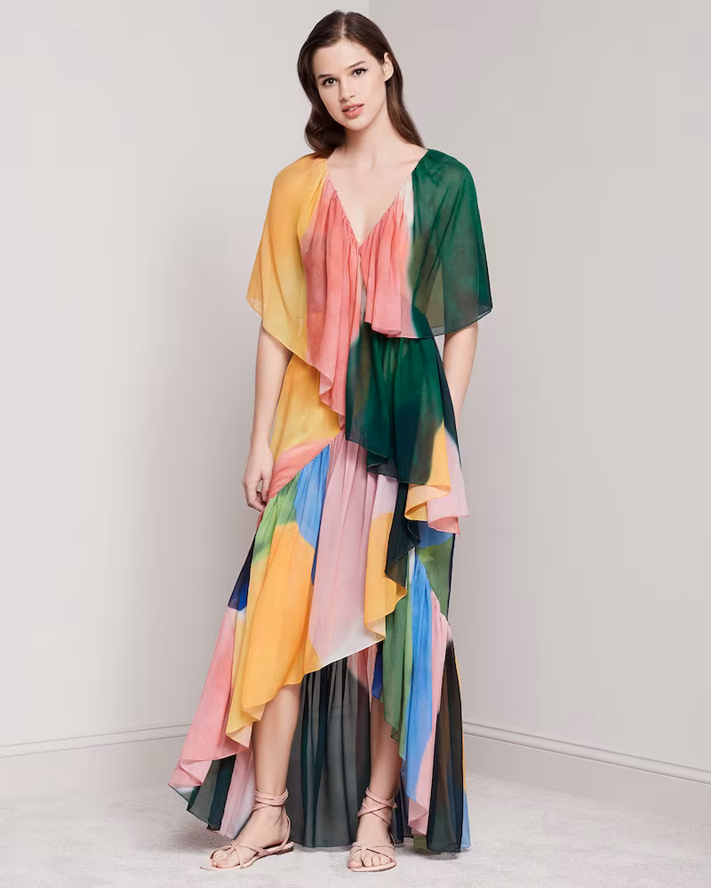 Rosetta Getty Reversible Tiered Silk Watercolor Maxi Dress