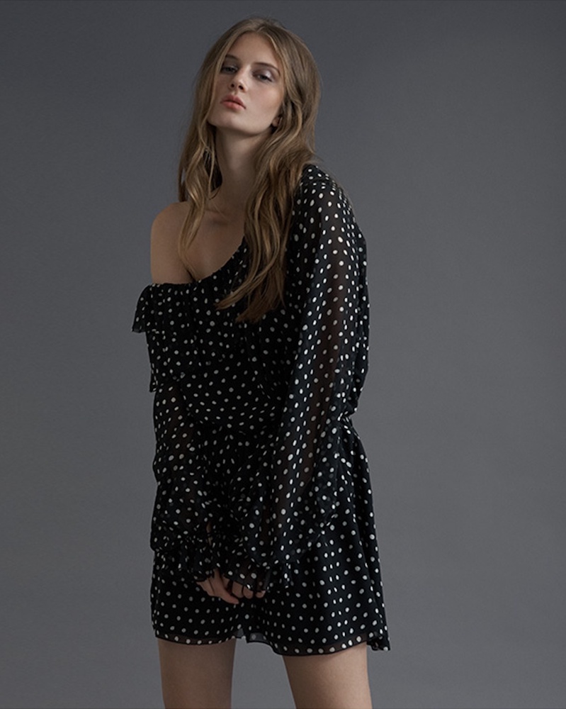 Saint Laurent Polka-Dot Print One-Shoulder Georgette Dress