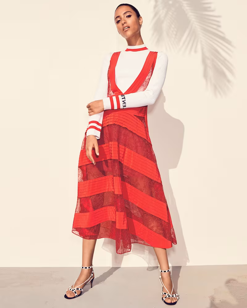 Valentino Sleeveless V-Neck Daisy-Lace Dress with Pleated Insets