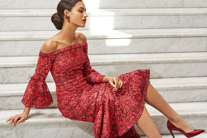 Marchesa Notte Off-Shoulder Lace Bell-Sleeve Midi Cocktail Dress