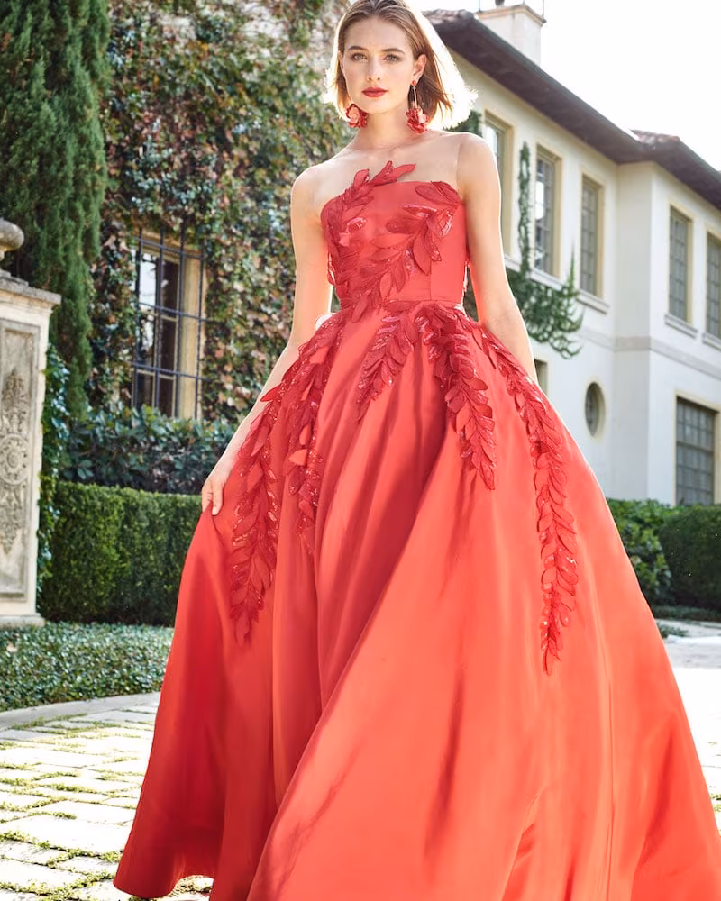 Oscar de la Renta Sleeveless Illusion-Neck Evening Ball Gown with Floral Appliques