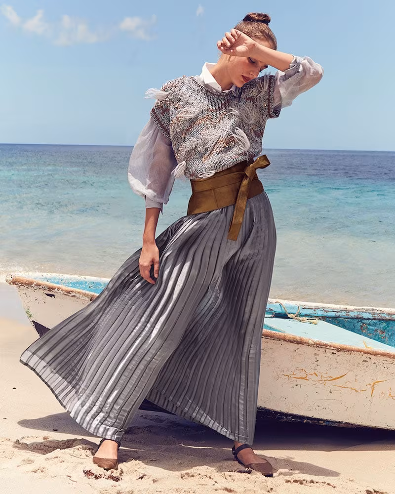 Brunello Cucinelli Lamé Pleated Wide-Leg Pants