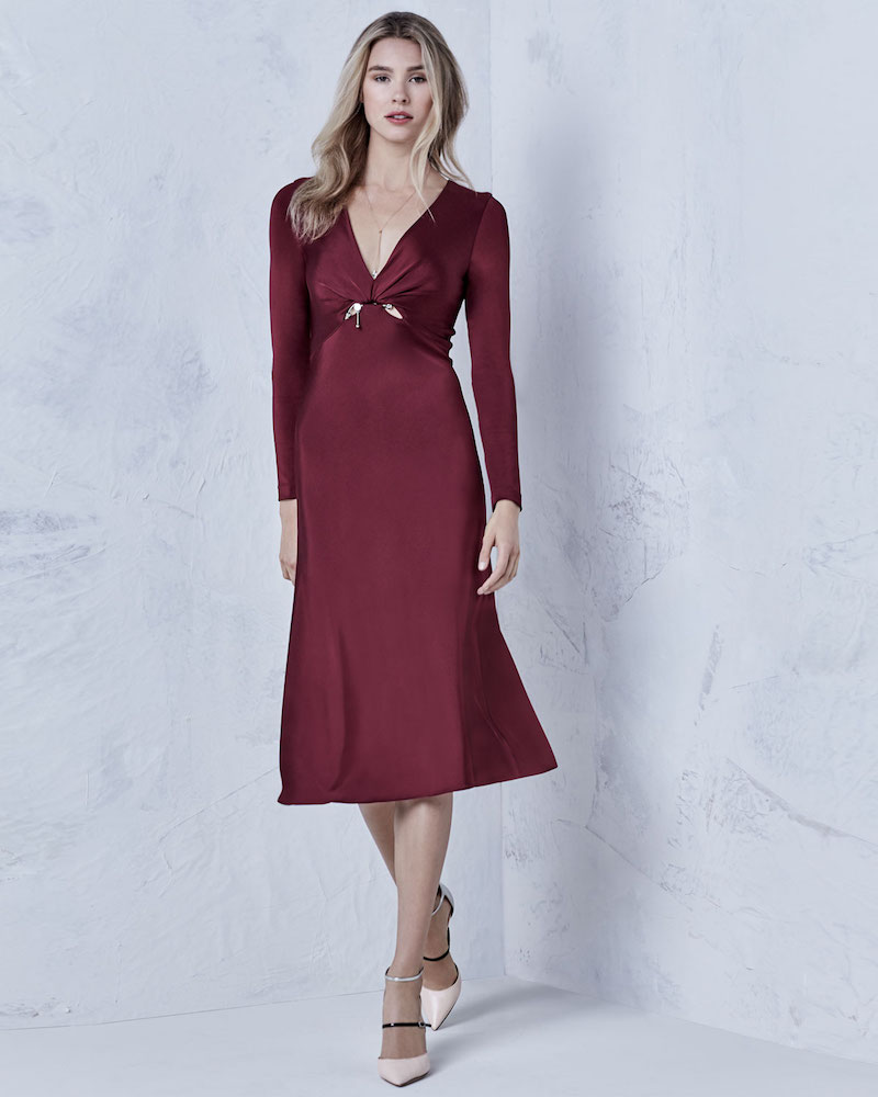 Cushnie et Ochs Magdelena V-Neck Long-Sleeve Fitted Glossy Midi Cocktail Dress