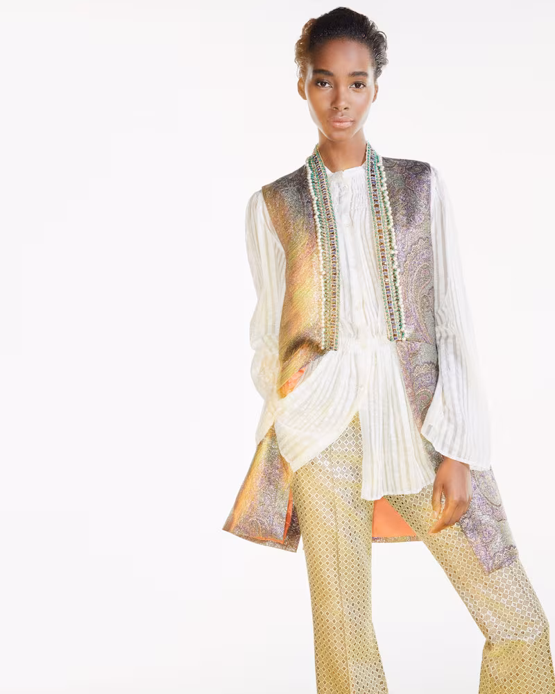 Etro Beaded-Trim Long Metallic Vest