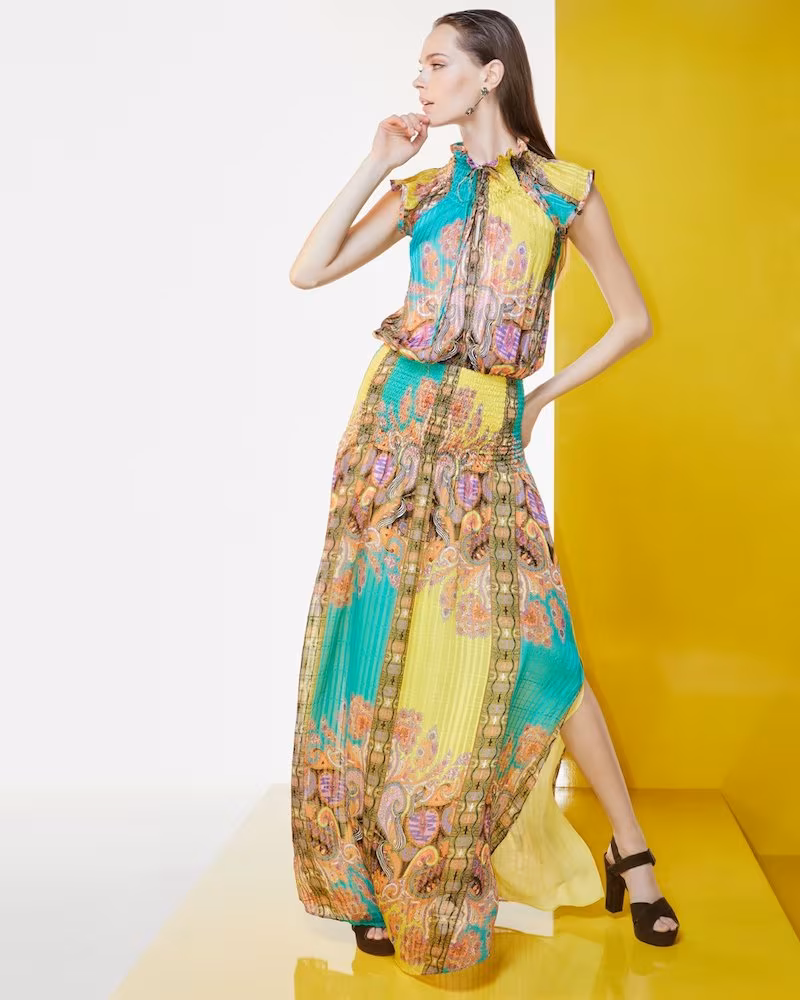 Etro Paisley-Print Neckline with Smocked Detail