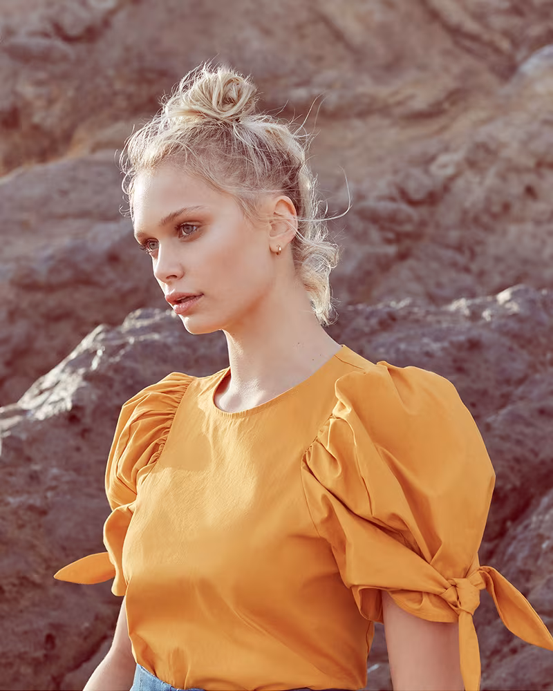 Sea Puff Sleeve Tie Top
