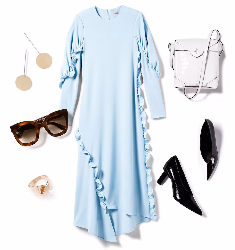 Tibi Ruched Long Sleeve Ruffle Dress