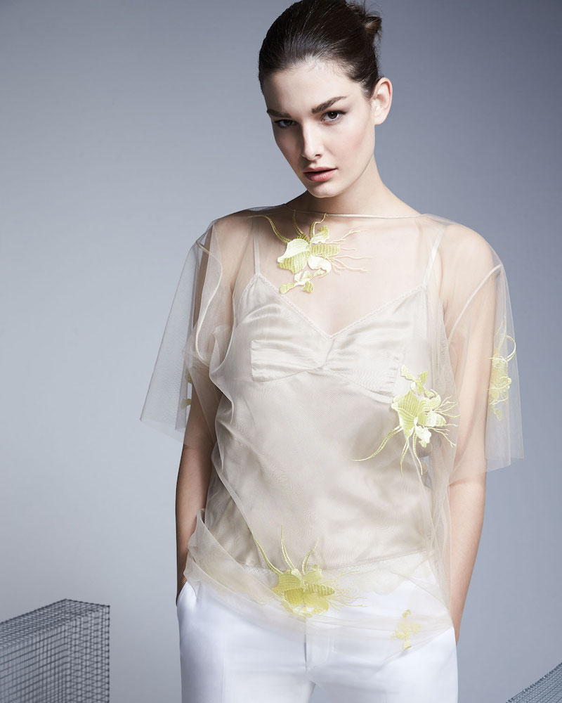 Helmut Lang Orchid-Embroidered Tulle Blouse