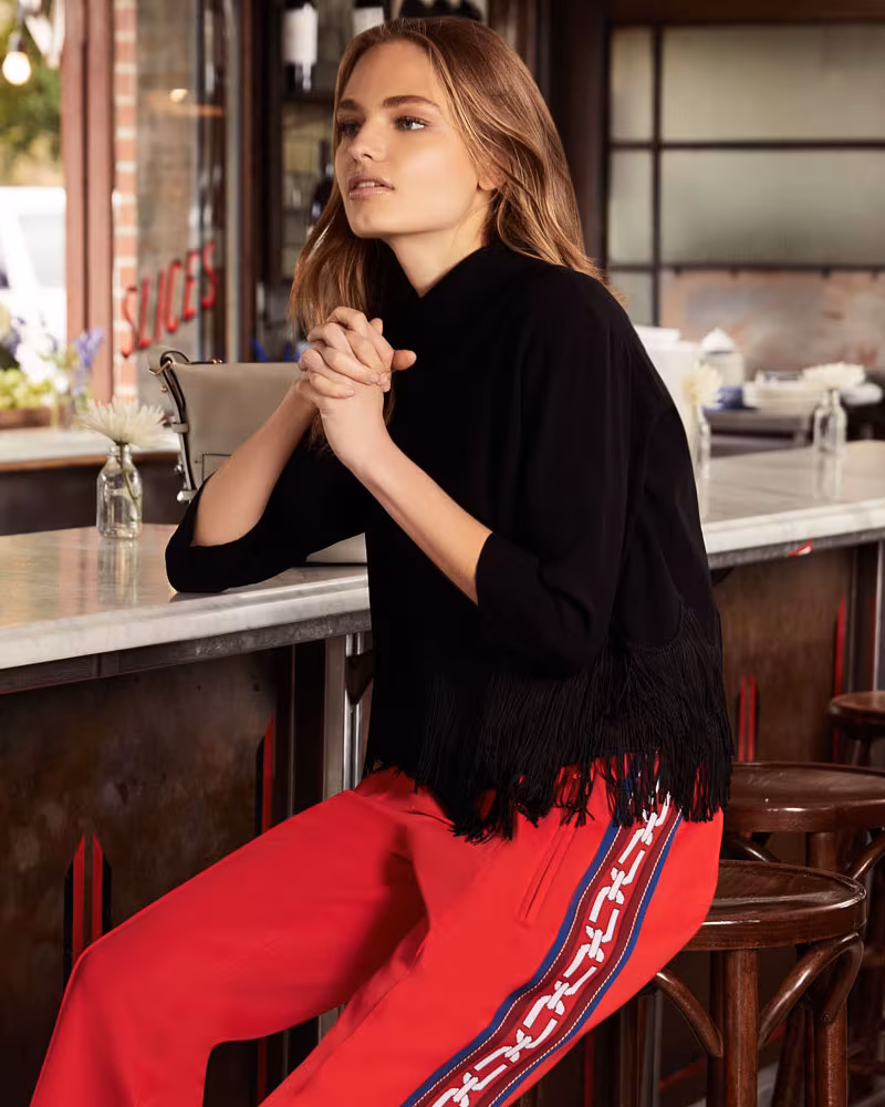 Marc Jacobs High-Collar 3/4-Sleeves Crepe Top with Fringe
