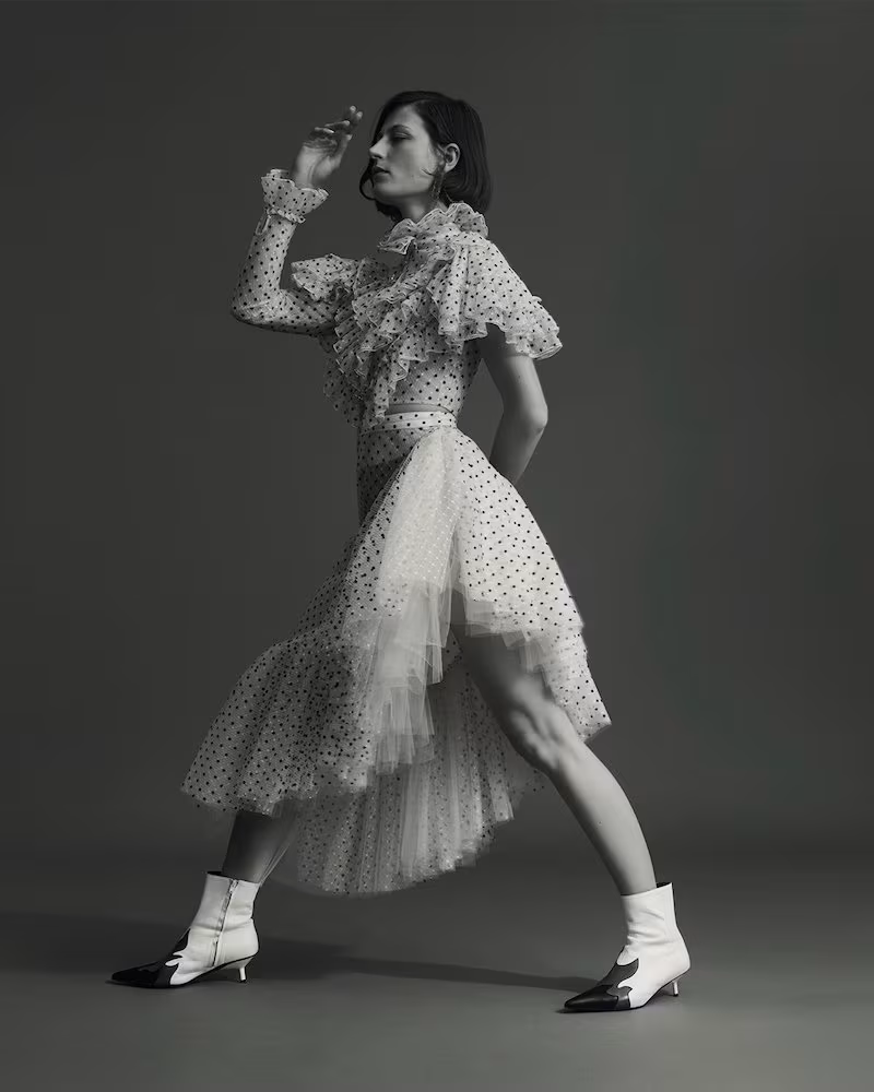 Rodarte White and Black Flocked Polka-Dot Ruffle Blouse