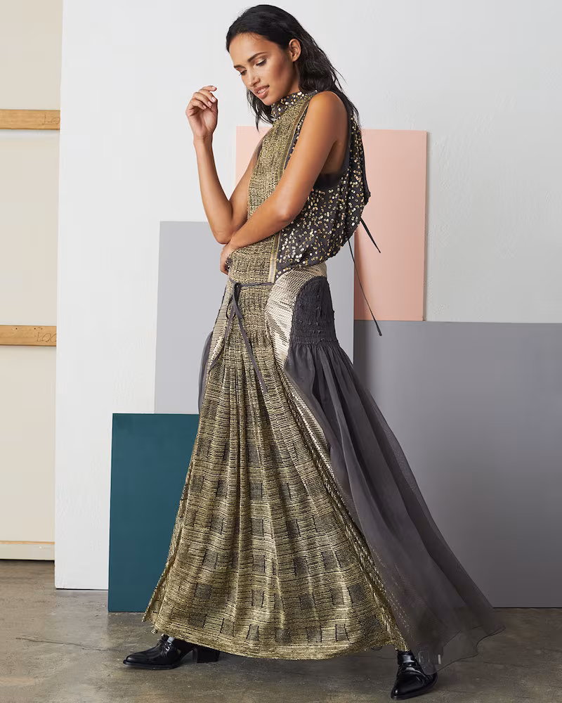 Chloé Sleeveless Tie-Waist Mixed-Media A-Line Evening Gown