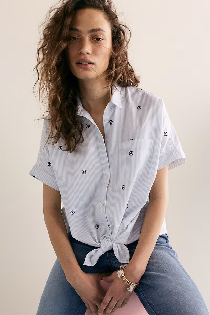 Madewell Embroidered Peace Sign Short-Sleeve Tie-Front Shirt