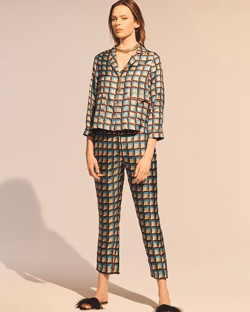 Barneys New York Geometric Silk Pajama Blouse