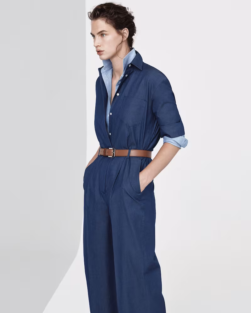 Loro Piana Button-Down Wide-Leg Denim Jumpsuit
