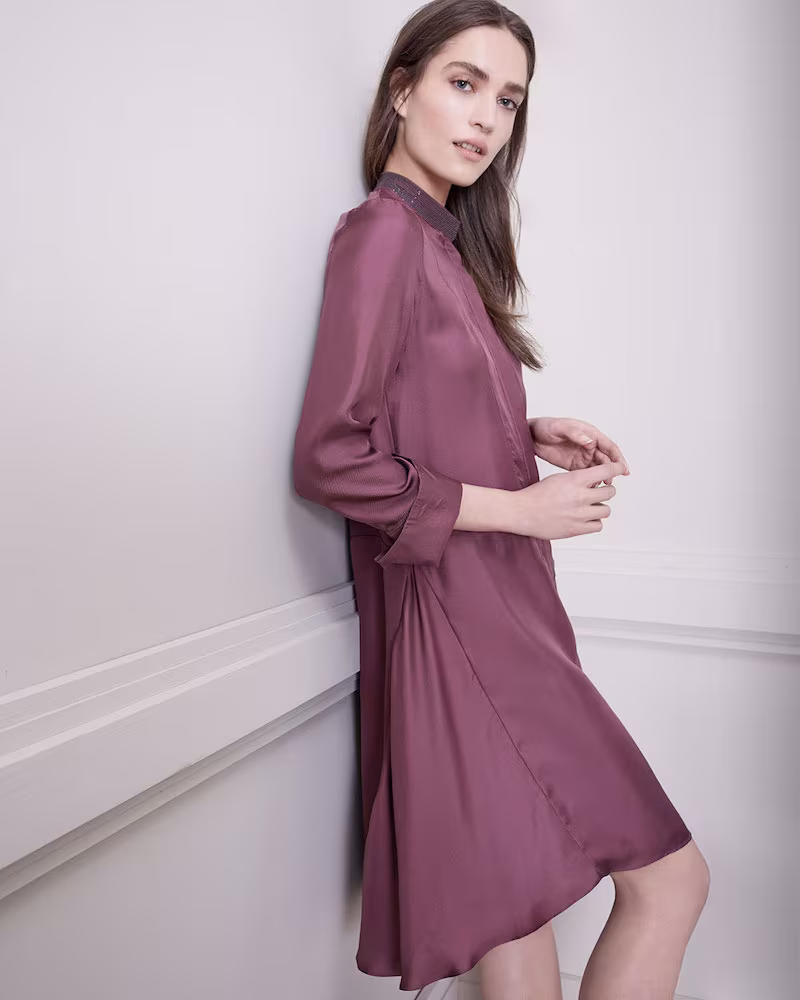 Brunello Cucinelli Long-Sleeve Silk A-Line Dress with Monili Mandarin Collar