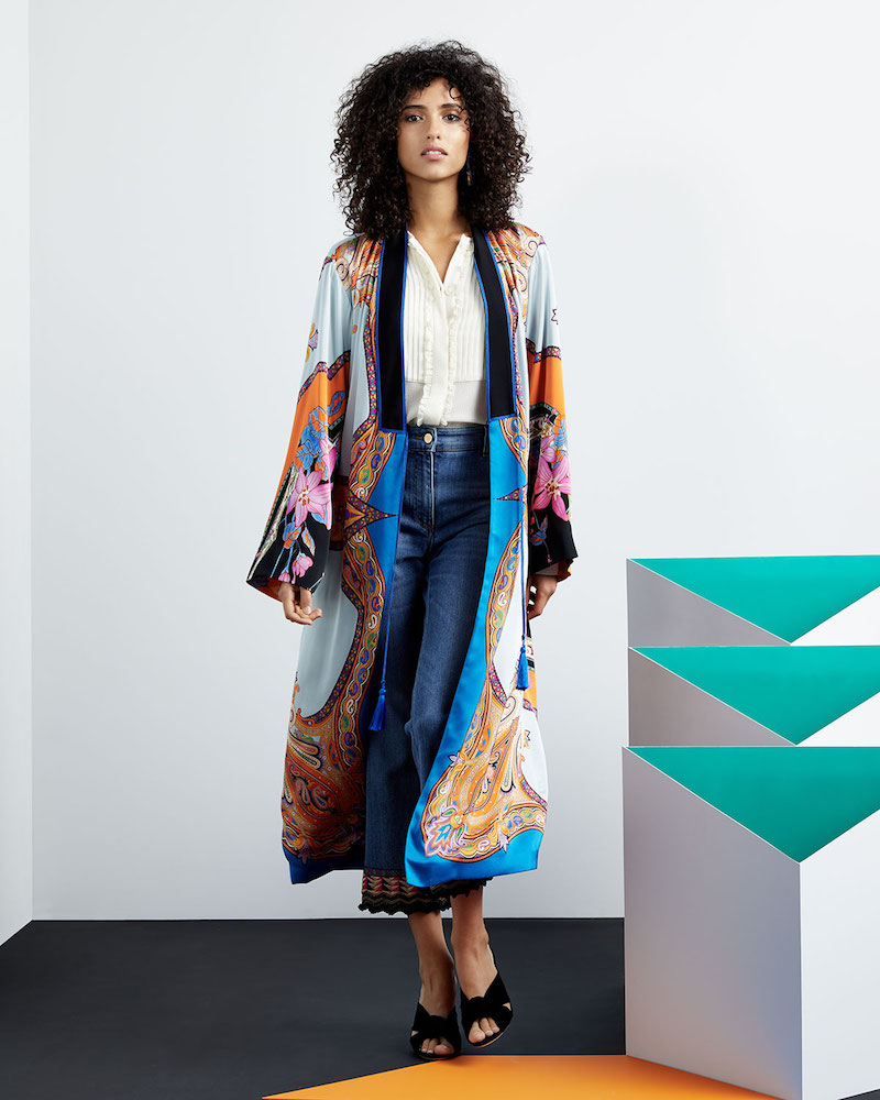 Etro Tie-Front Scarf-Print Long-Sleeve Long Kimono