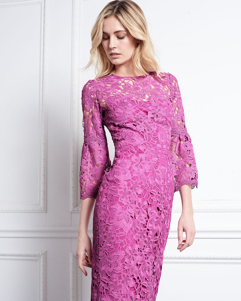 Lela Rose Floral-Lace Flounce-Sleeve Fitted Dress
