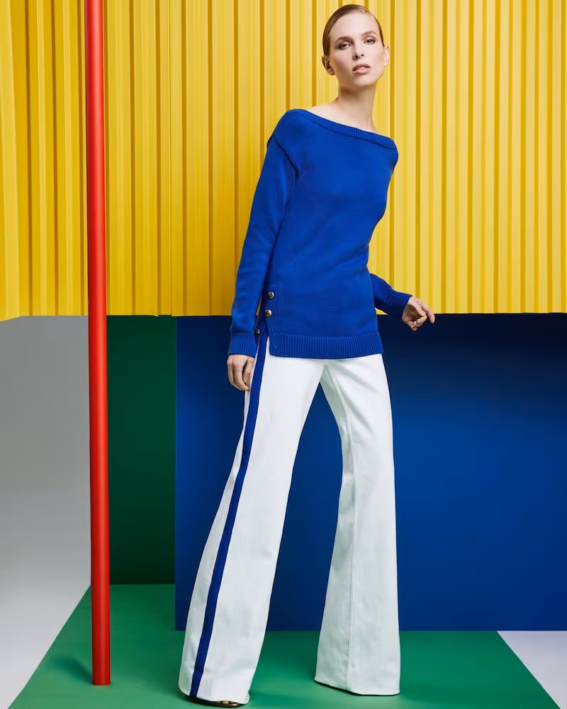 Ralph Lauren Collection Boat-Neck Long-Sleeve Chunky Cotton Jersey Sweater with Button Detail