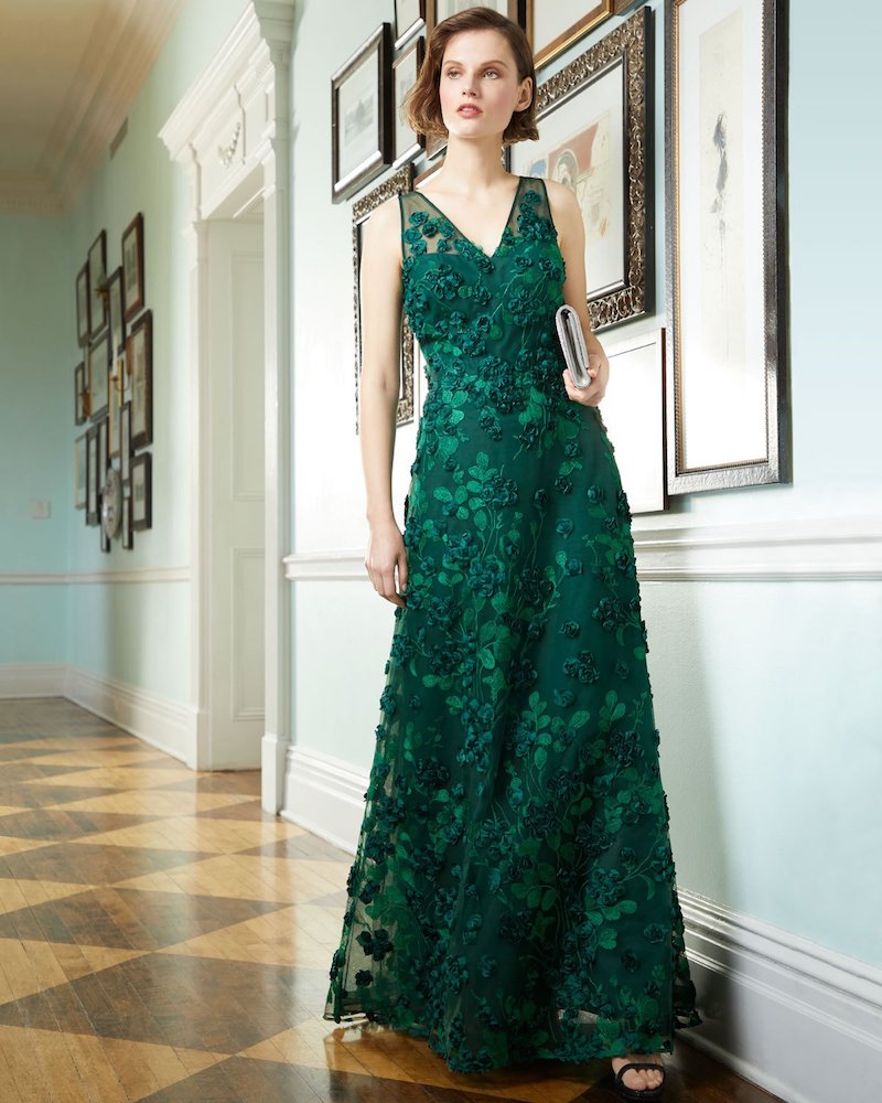 Rickie Freeman for Teri Jon 3D Floral V-Neck A-Line Gown