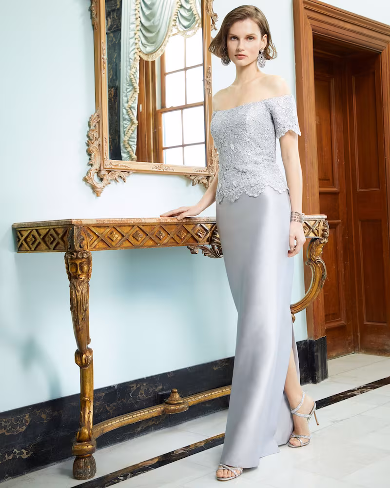 Rickie Freeman for Teri Jon Gazar & Metallic Lace Off-the-Shoulder Column Gown