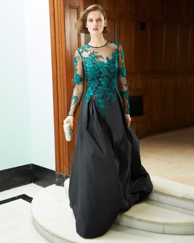 Rickie Freeman for Teri Jon Long-Sleeve Illusion Lace Taffeta-Skirt Evening Gown